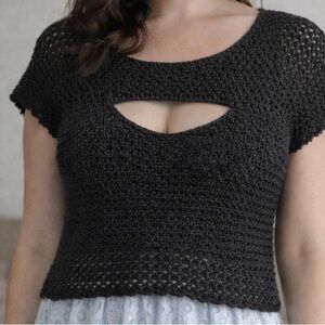 Handmade Black Crochet Crop Top – Medium – Front Cut-Out Detail